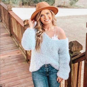 V-neck or Off the Shoulder Fuzzy Sweater